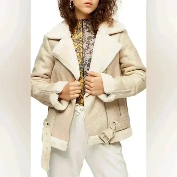 Topshop Cora Faux Shearling Moto Aviator Biker Jacket Cream Ecru Size 4 NWOT - Picture 2 of 16